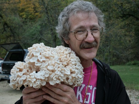 image - photo of David Fischer with the Hen of the Woods, Sheepshead, or Maitake mushroom (Grifola frondosa)